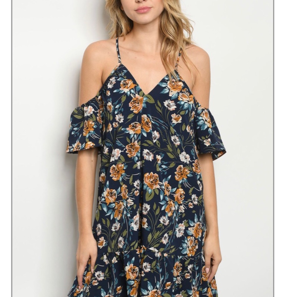 Off the shoulder flowery dress.